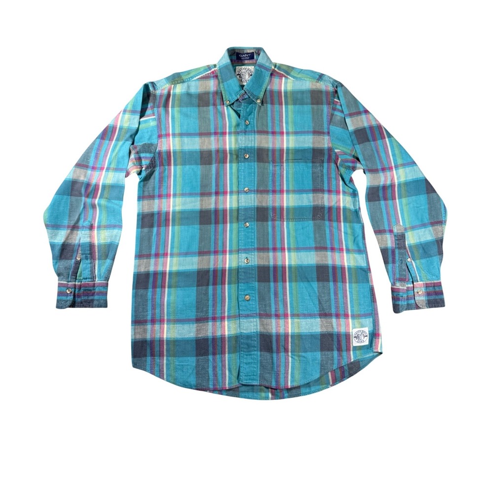Gant Salty Dog Mens Small Plaid Flannel Button Down Shirt Turquoise Cotton Cabin